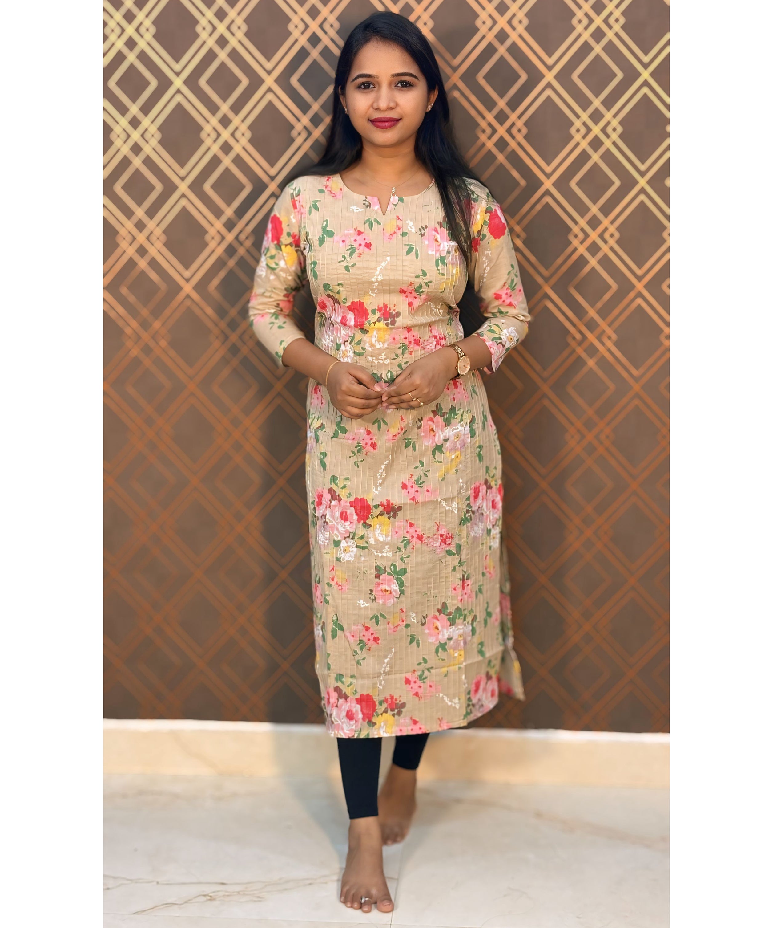Beige Color Kantha Cotton Floral Kurti / RCC158