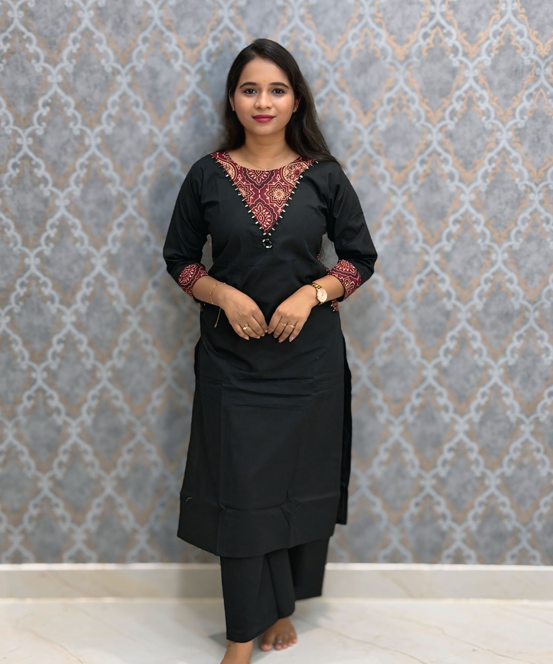 Black Color Premium Cotton with Ajrakh Print Coord Set with Pockets / ESS418