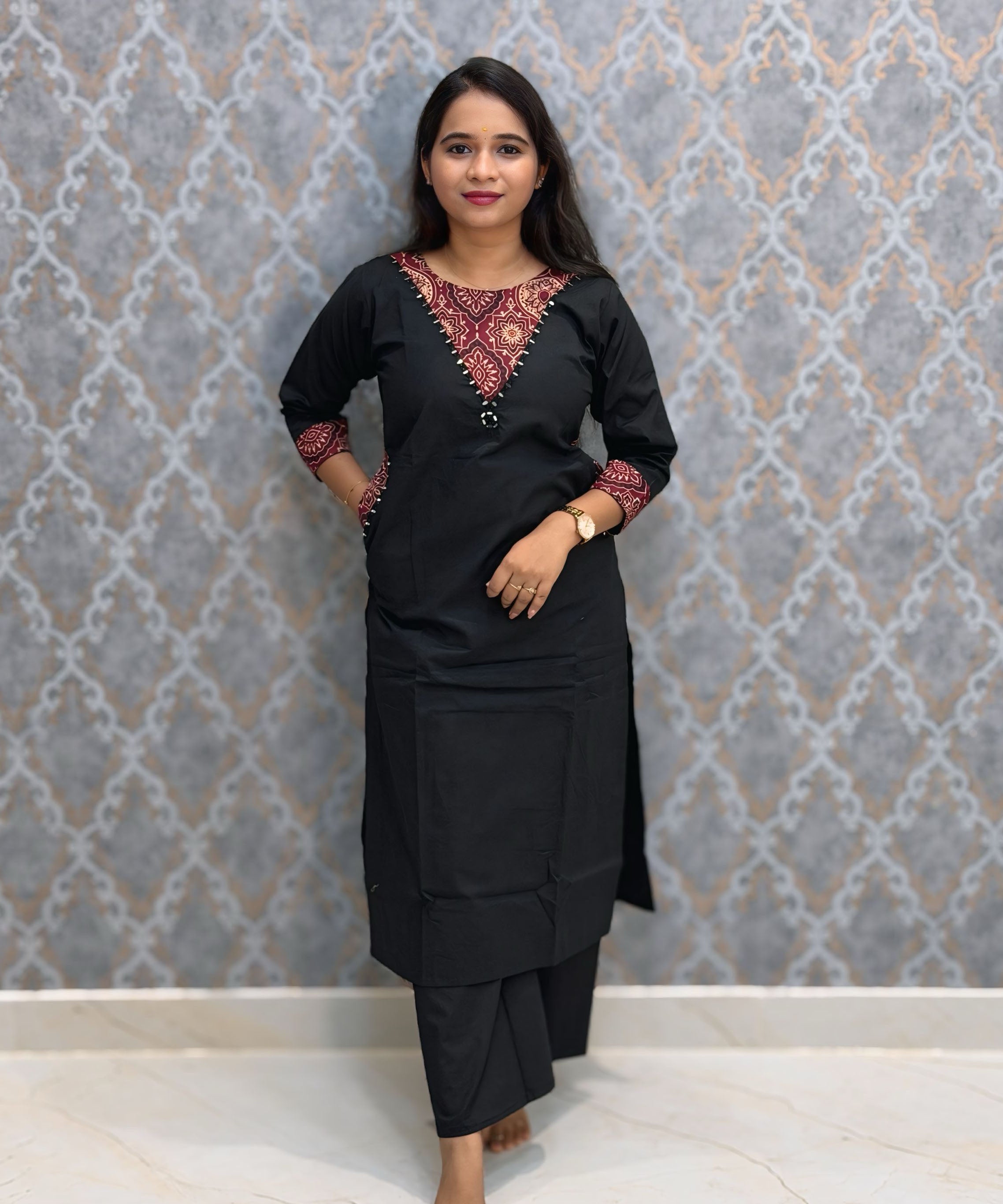 Black Color Premium Cotton with Ajrakh Print Coord Set with Pockets / ESS418