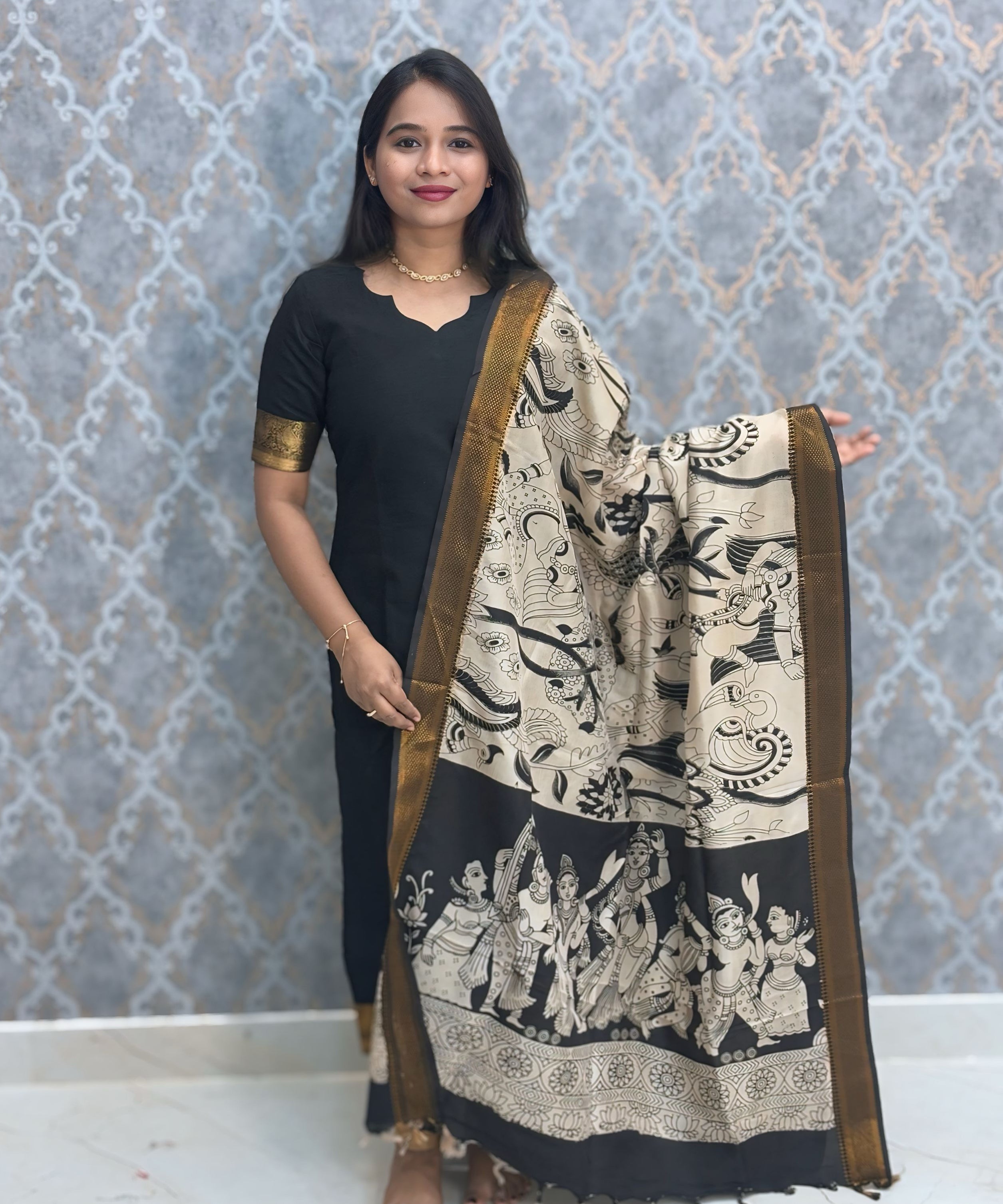 Black Premium Handloom Kota Jacquard Border Silk Cotton Kurti and Chennuri Silk with Nizam Border Kalamkari Print Dupatta / HL008