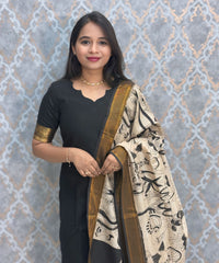 Black Premium Handloom Kota Jacquard Border Silk Cotton Kurti and Chennuri Silk with Nizam Border Kalamkari Print Dupatta / HL008