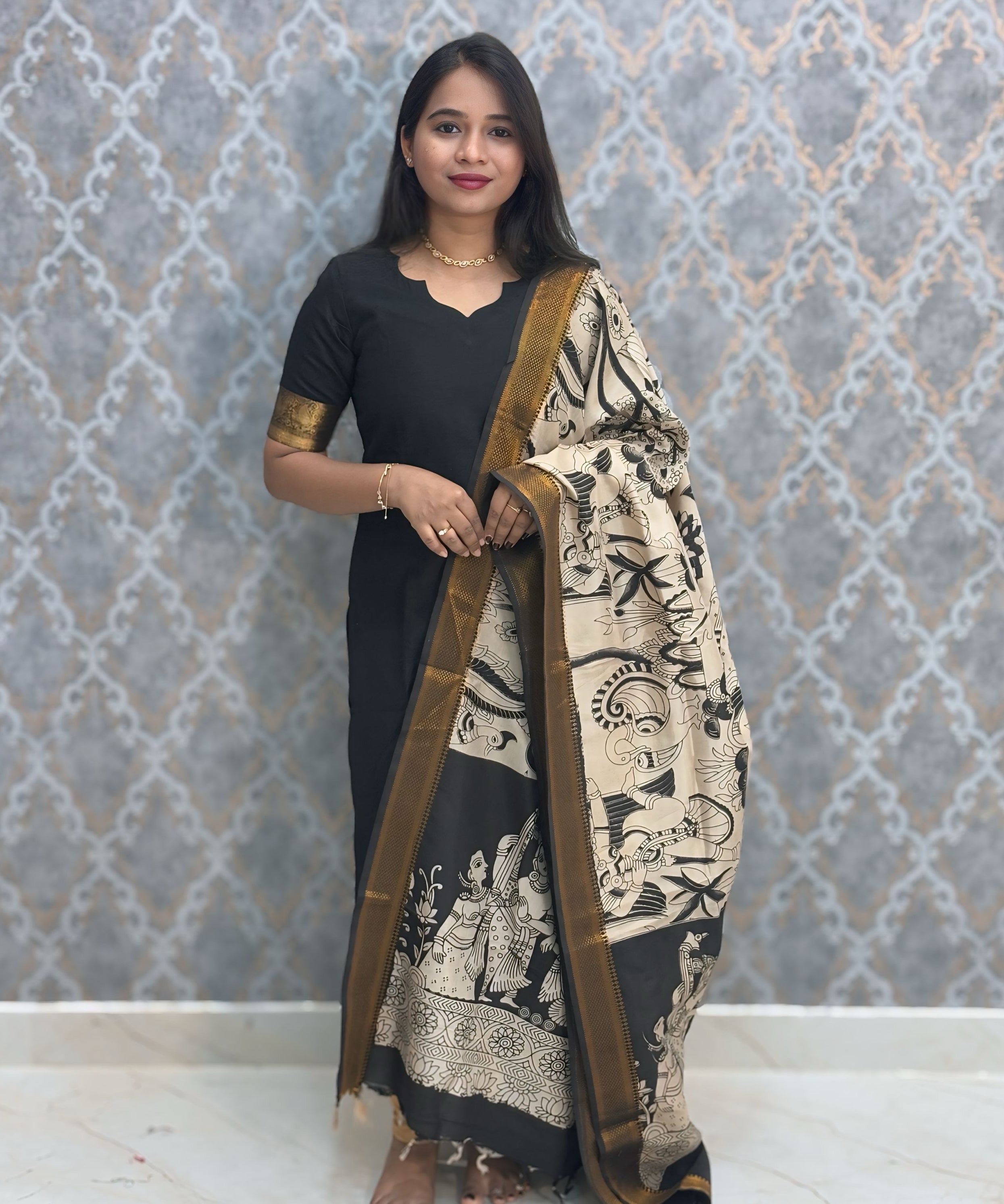 Black Premium Handloom Kota Jacquard Border Silk Cotton Kurti and Chennuri Silk with Nizam Border Kalamkari Print Dupatta / HL008