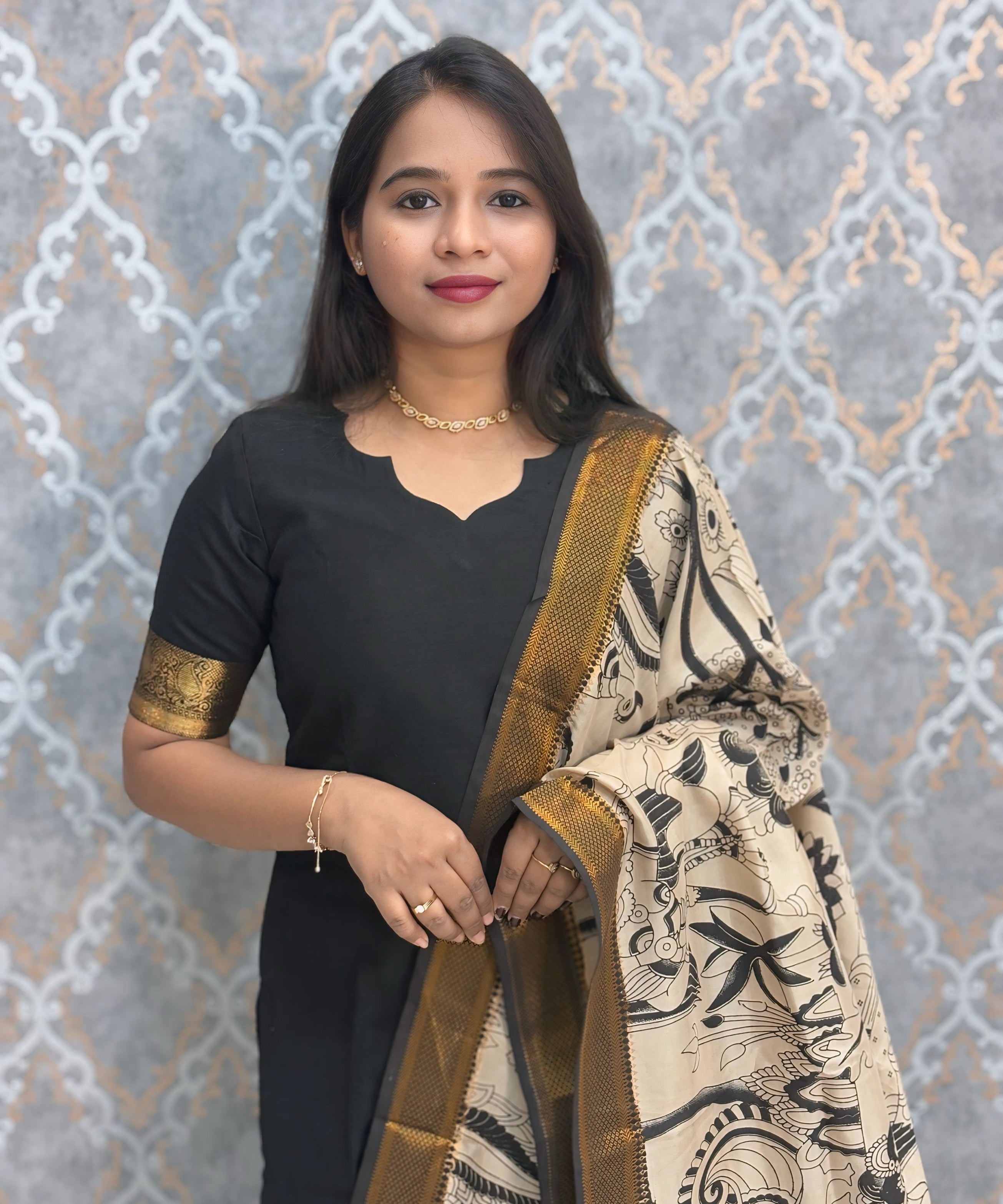 Black Premium Handloom Kota Jacquard Border Silk Cotton Kurti and Chennuri Silk with Nizam Border Kalamkari Print Dupatta / HL008