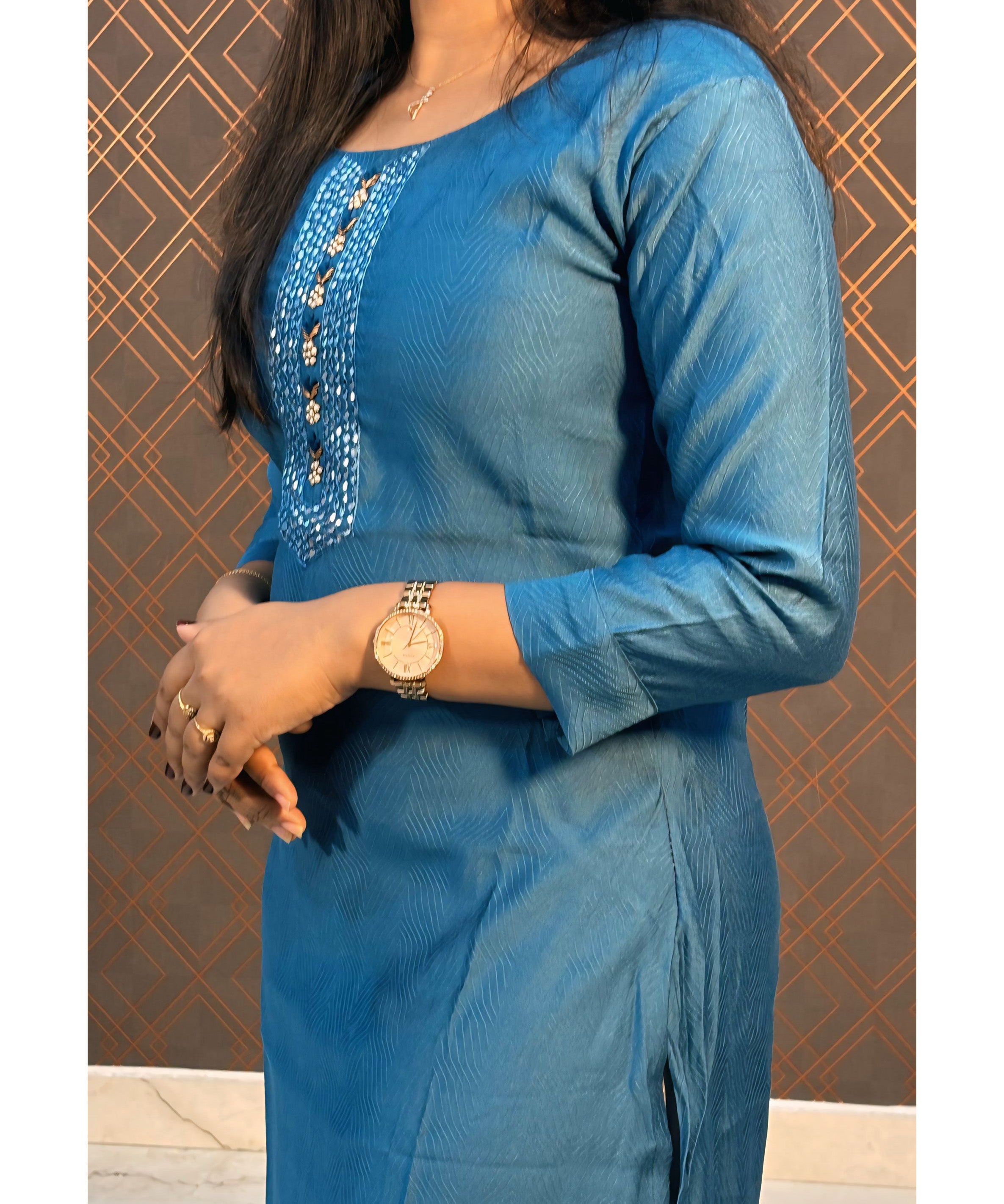 Blue Mixed Cotton Straight Cut Long Kurti / ESS200