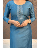 Blue Mixed Cotton Straight Cut Long Kurti / ESS200