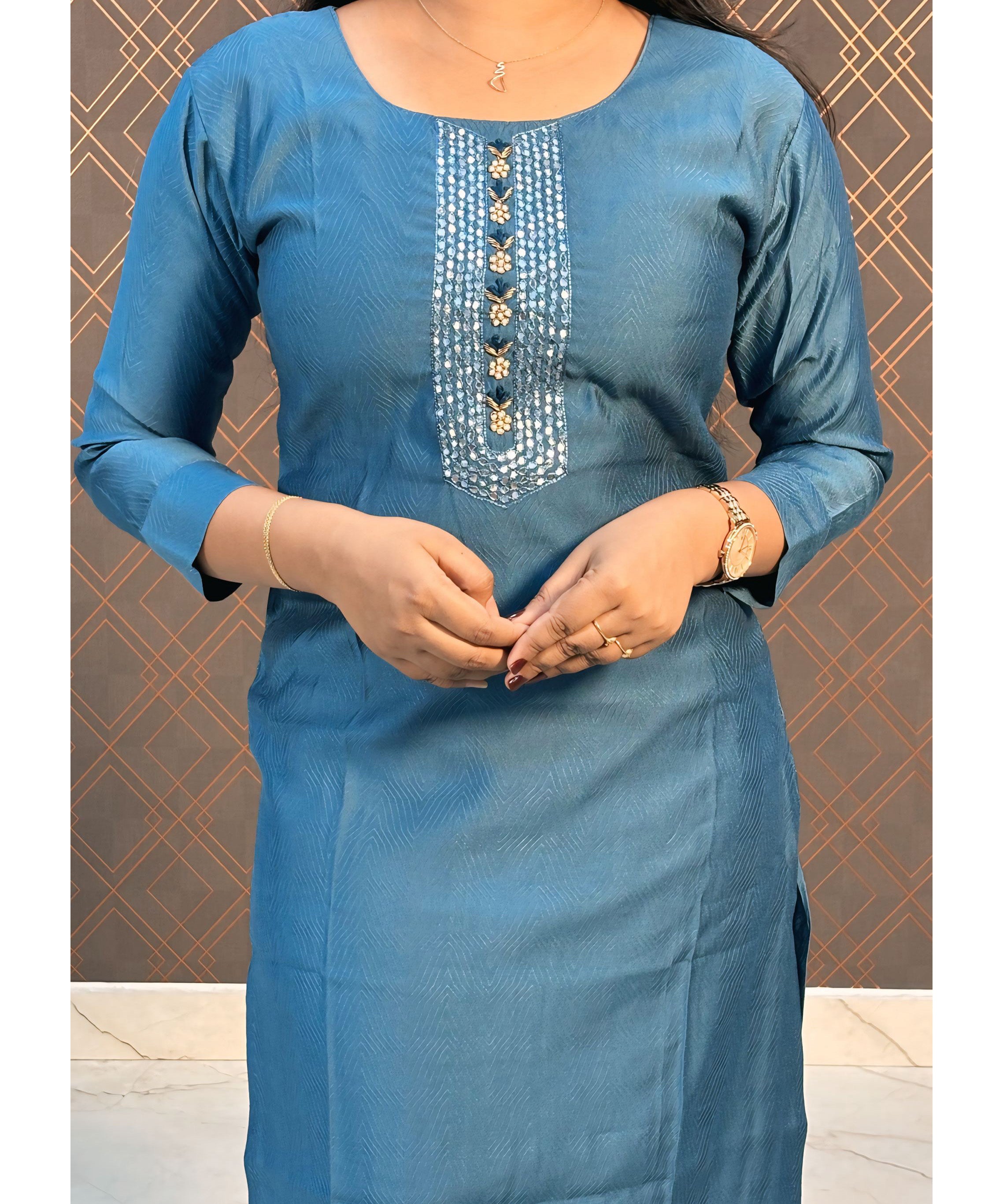 Blue Mixed Cotton Straight Cut Long Kurti / ESS200