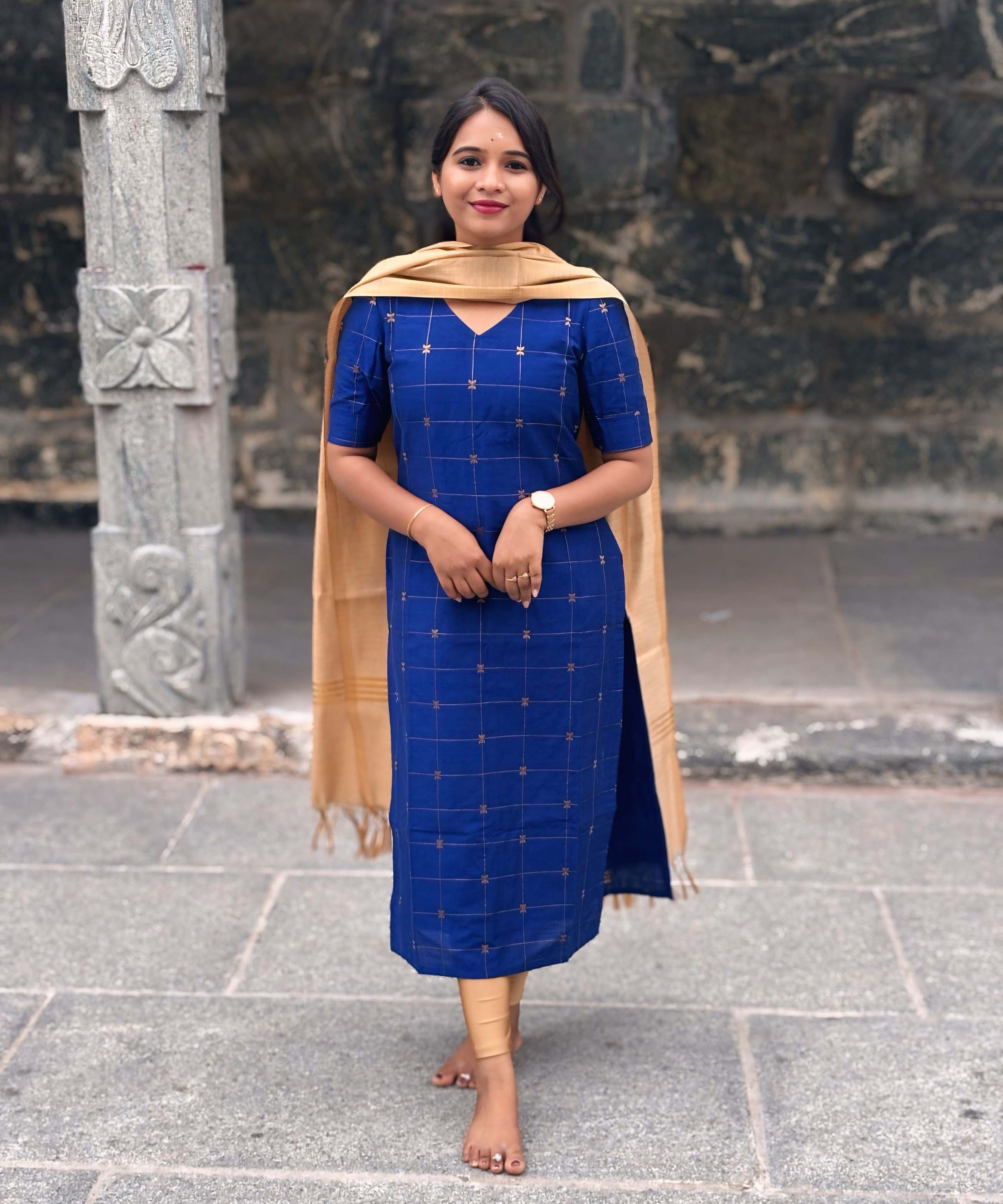 Blue and Golden Color Premium Handloom Raw Silk Kurti and Dupatta (Pre-Order) / PC003