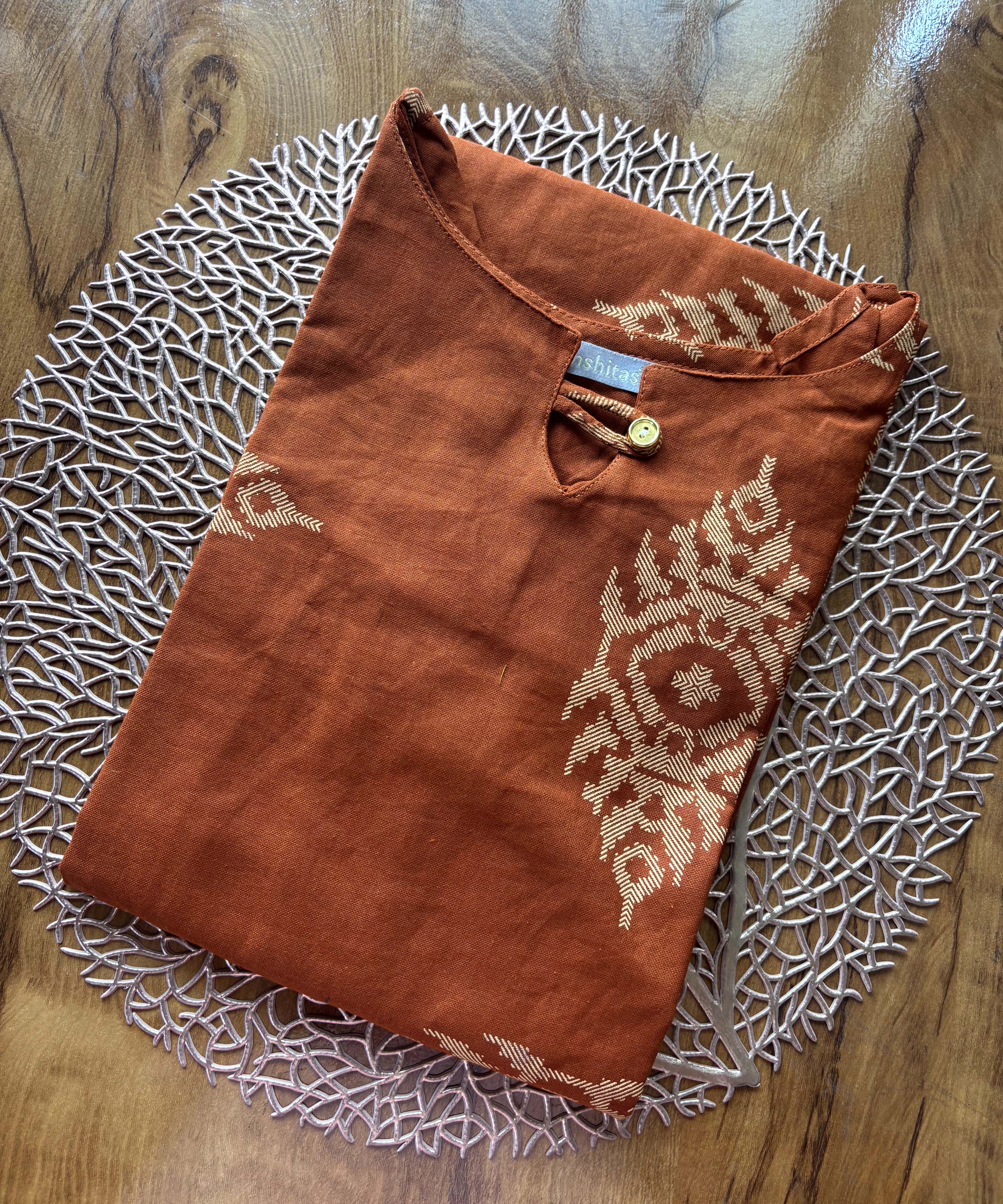 Rust Orange Color Boat neck Flex Cotton Kurti with Pocket / LSS196