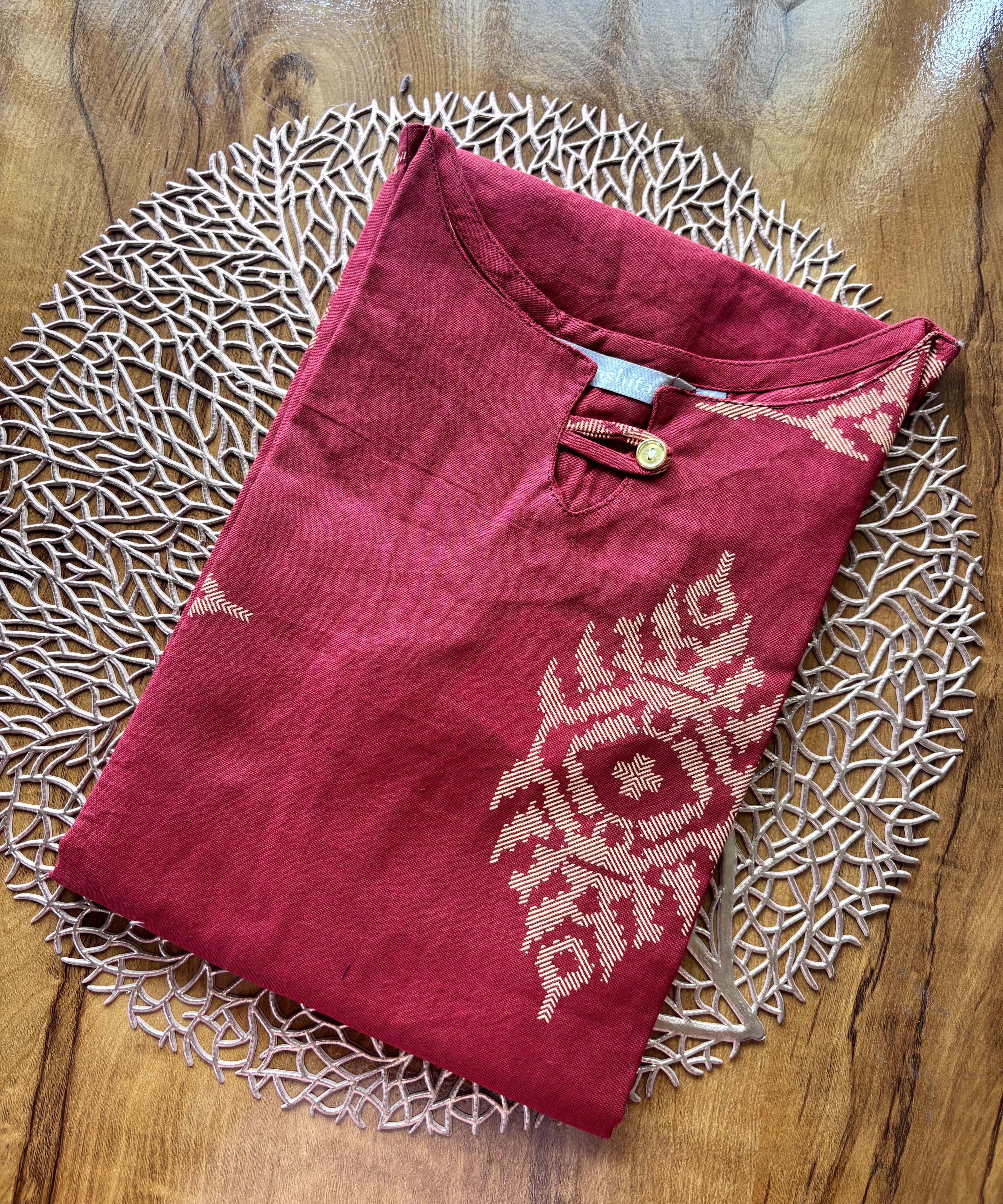 Brick Red Color Boat neck Flex Cotton Kurti with Pocket / LSS196