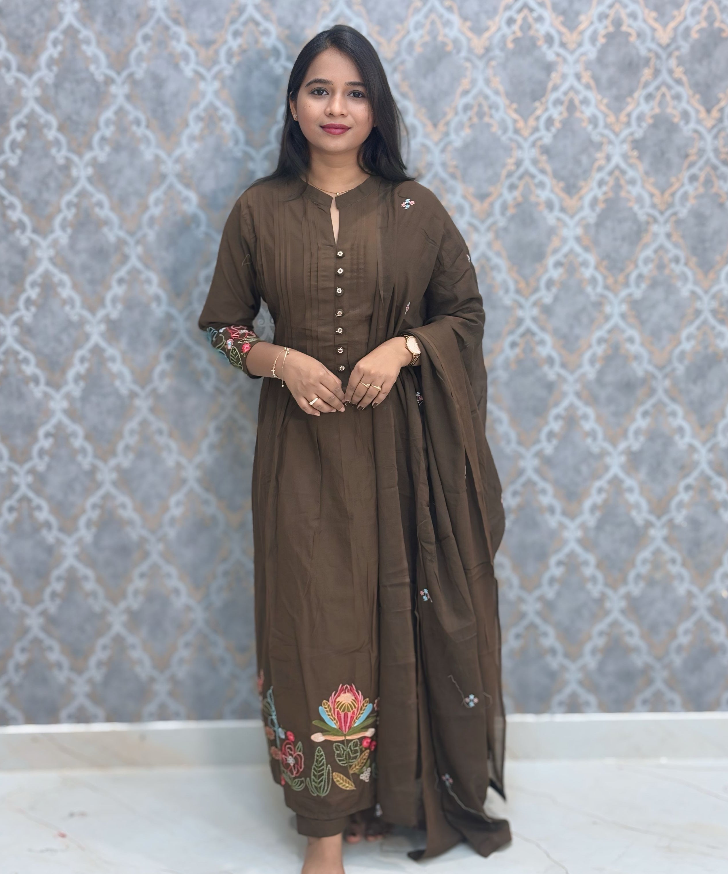 Brown Color Mul Cotton 3 Piece Salwar Set  / ESS372