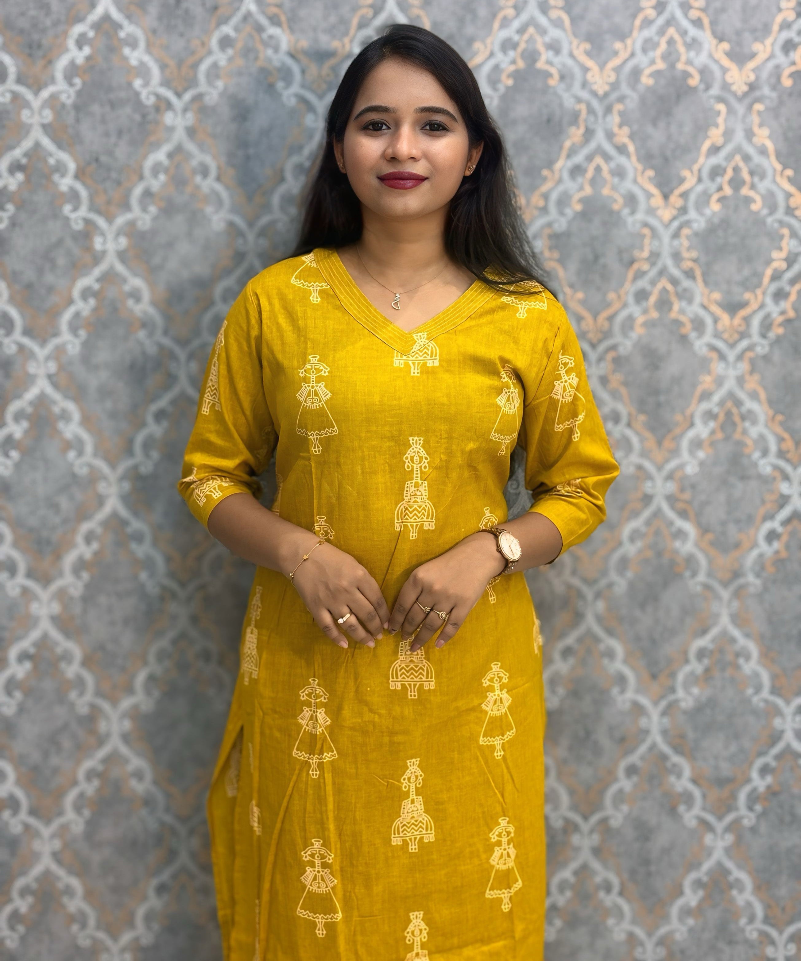 Mustard Yellow Color Cambric Cotton Coord Set with Pocket / LSS233
