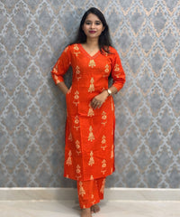 Dark Orange Color Cambric Cotton Coord Set with Pocket / LSS233