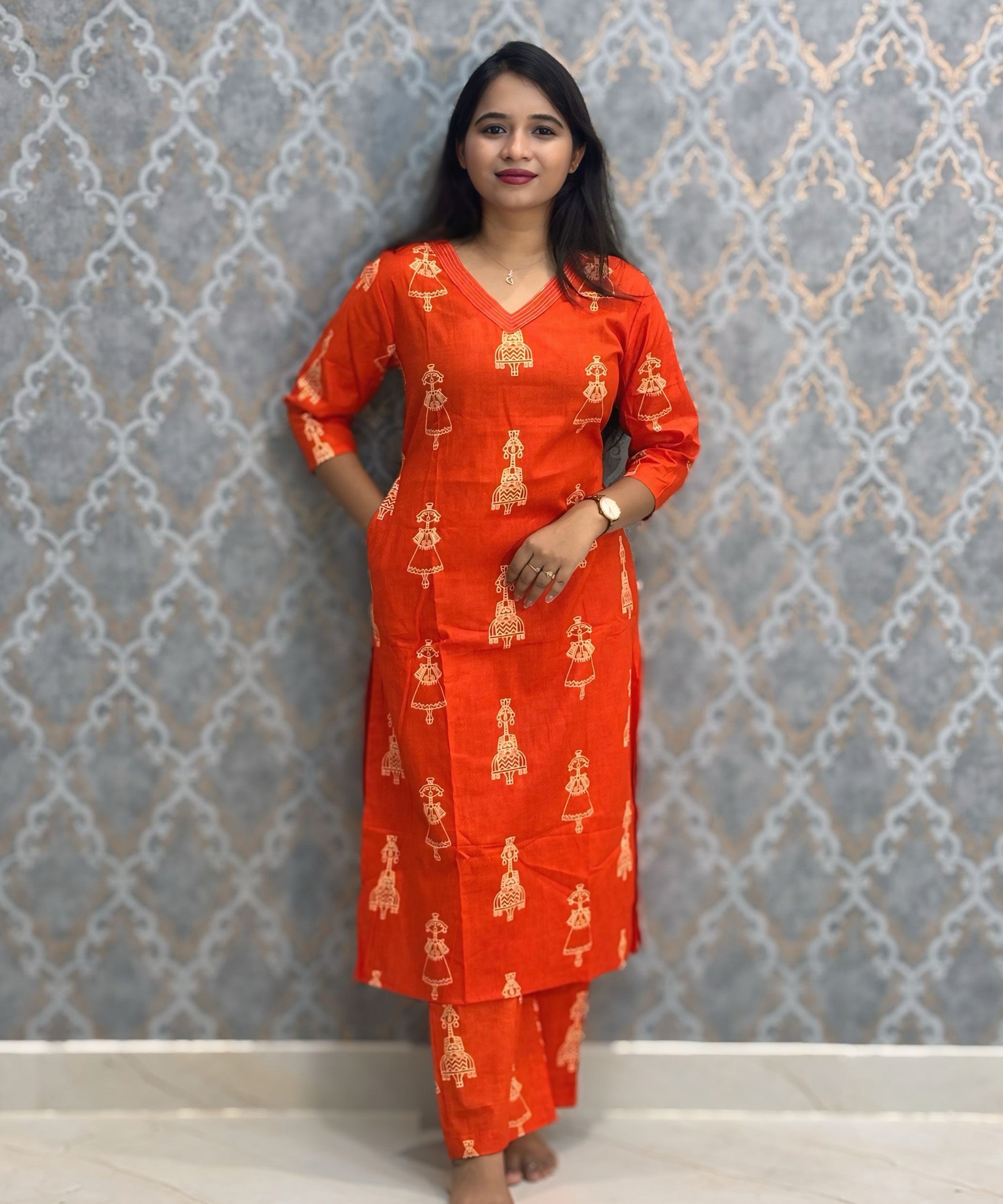Dark Orange Color Cambric Cotton Coord Set with Pocket / LSS233