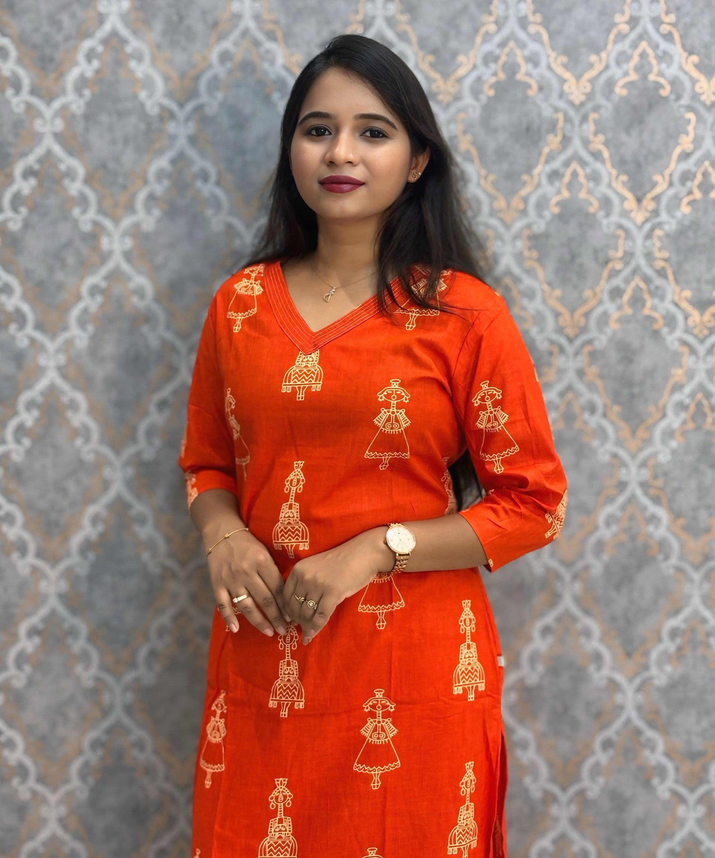 Dark Orange Color Cambric Cotton Coord Set with Pocket / LSS233