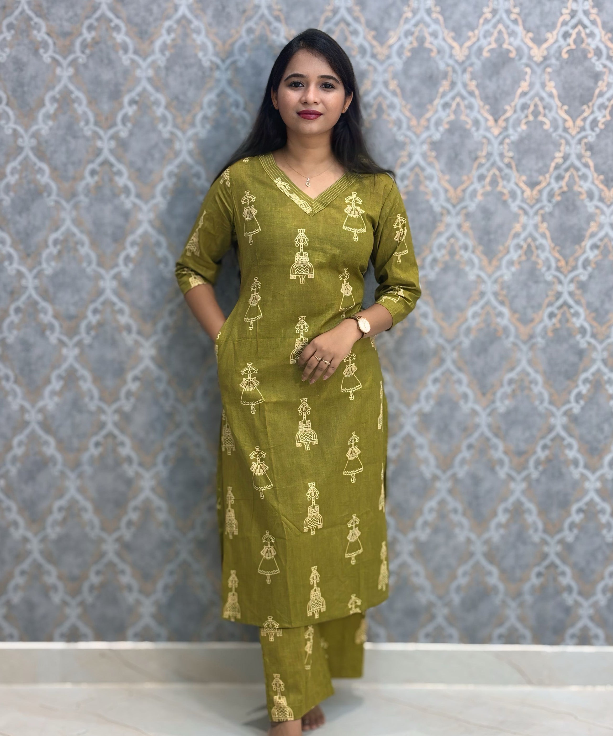 Green Color Cambric Cotton Coord Set with Pocket / LSS233