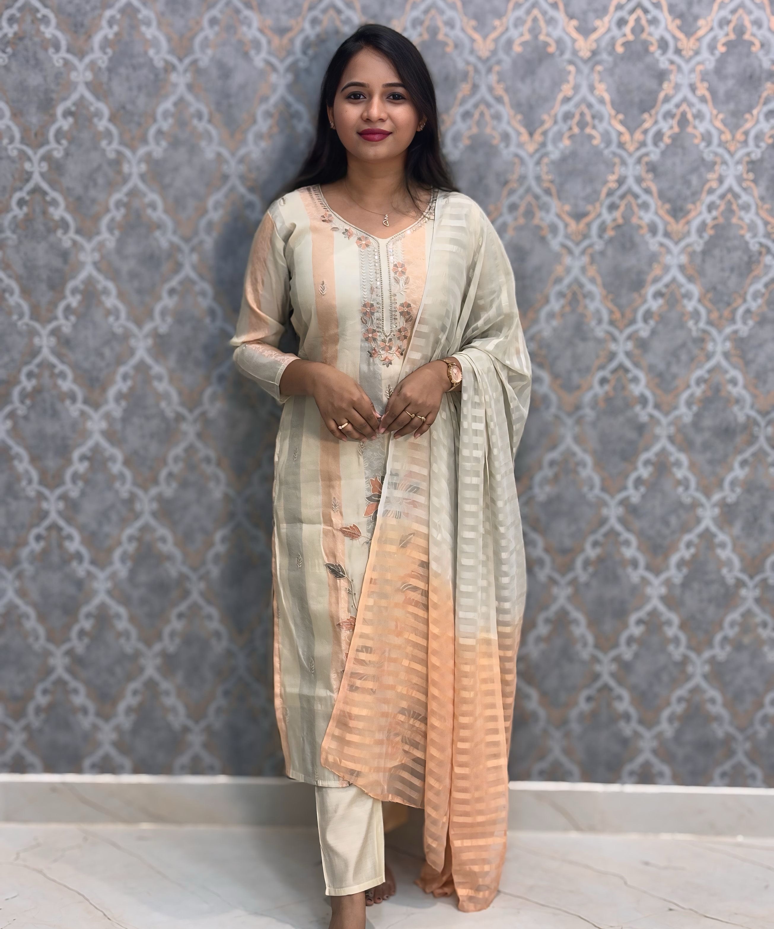 Orange and Half White (Cream) Color Designer Casual Salwar Set / ESS380