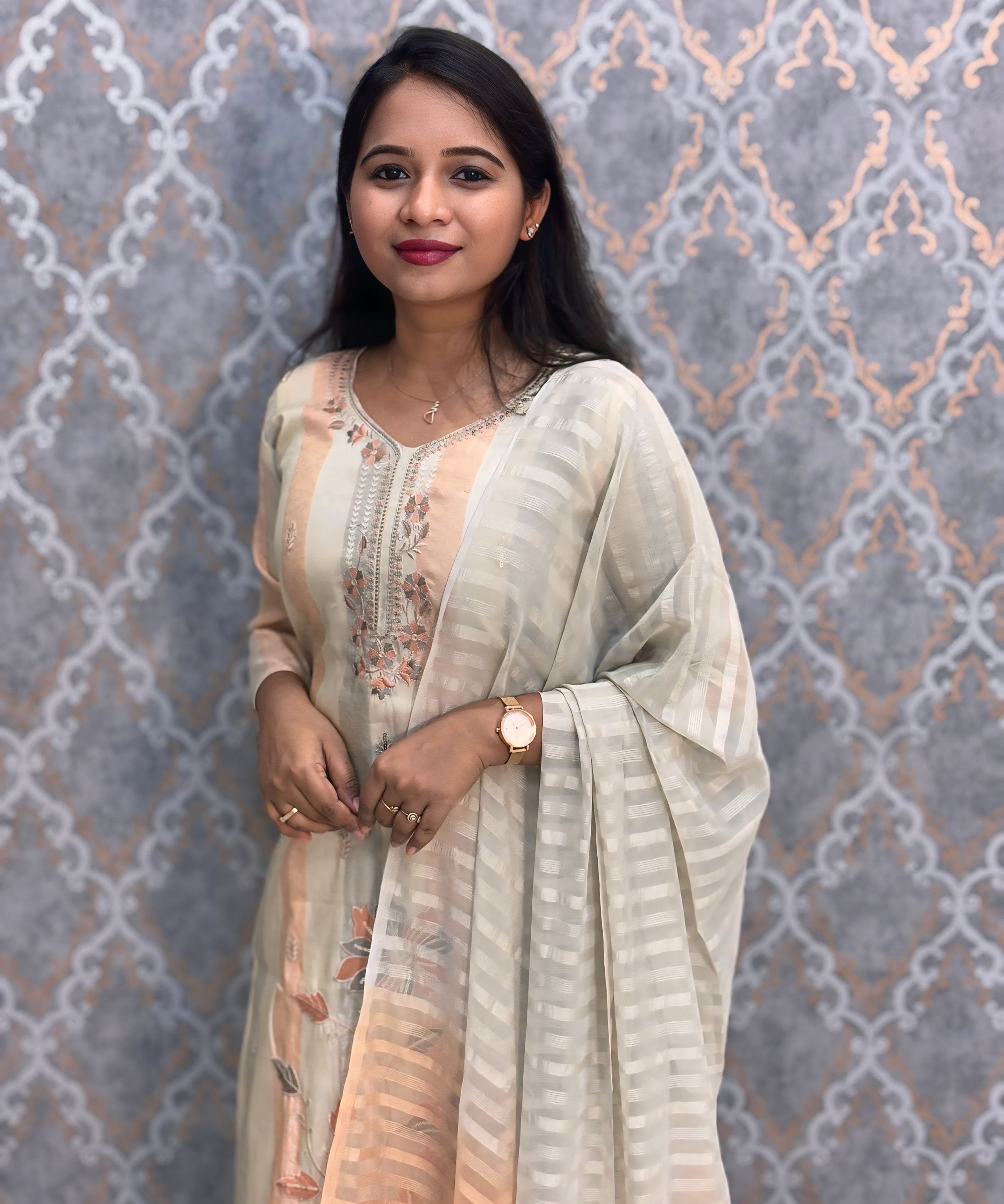 Orange and Half White (Cream) Color Designer Casual Salwar Set / ESS380