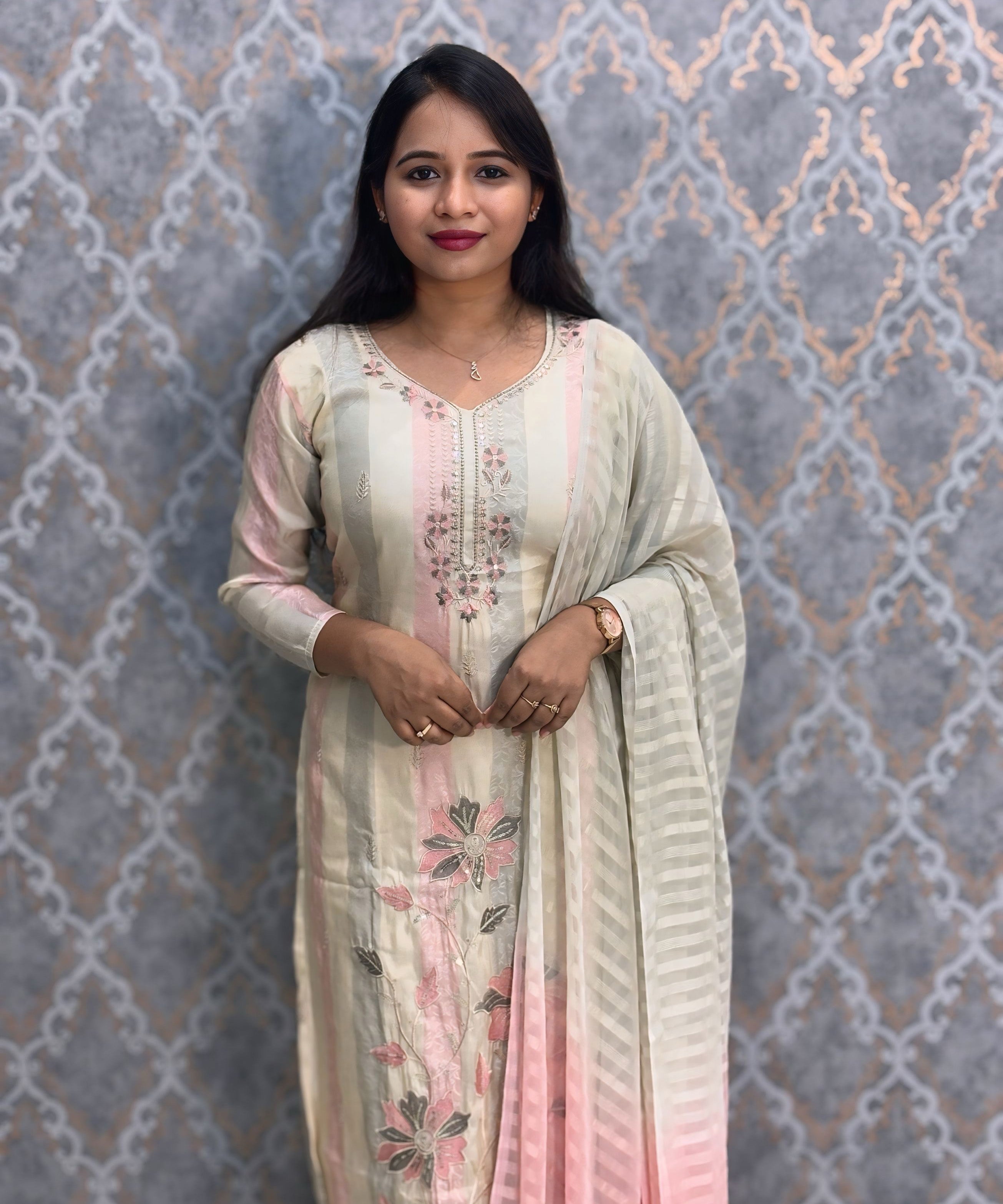 Pink and Half White (Cream) Color Designer Casual Salwar Set / ESS380