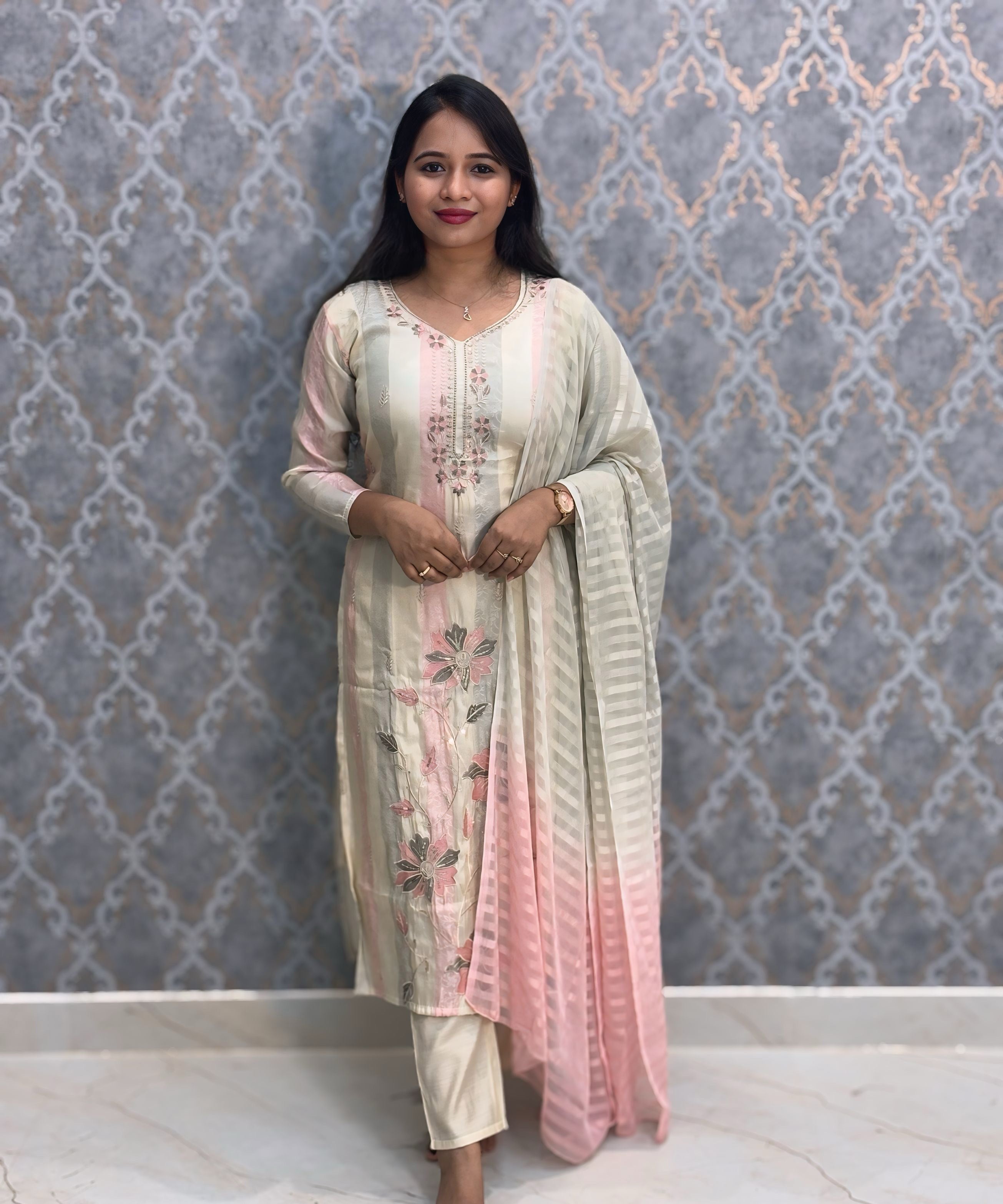 Pink and Half White (Cream) Color Designer Casual Salwar Set / ESS380