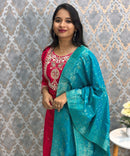 Cherry Red and Rama Green Color Premium 3 Piece Salwar Set / ESS352