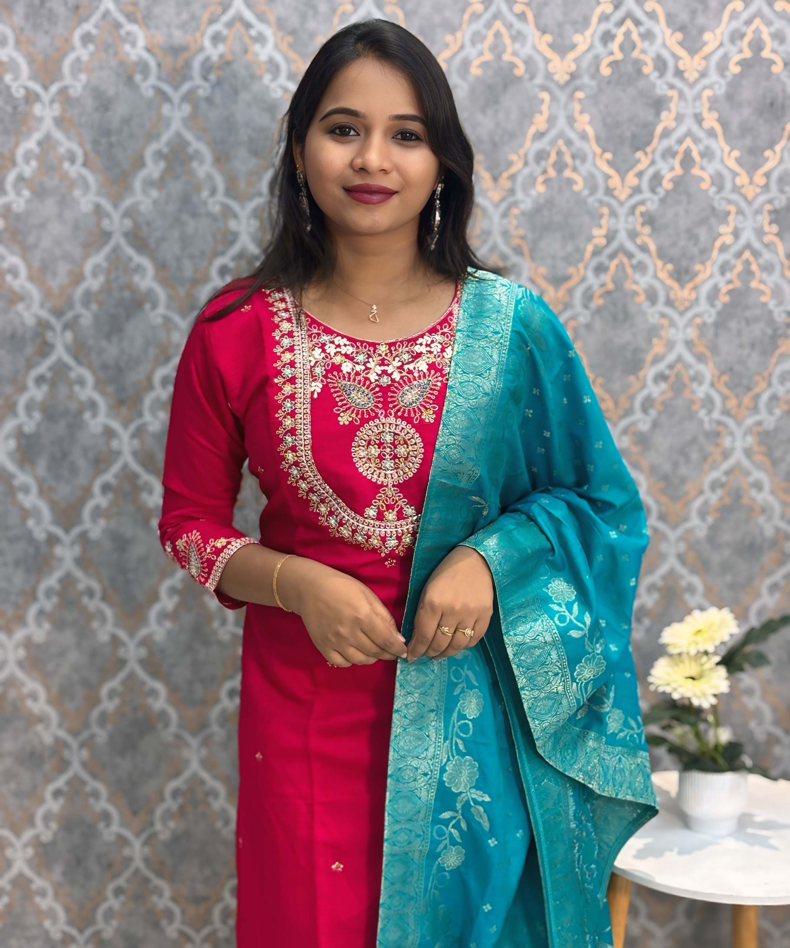 Cherry Red and Rama Green Color Premium 3 Piece Salwar Set / ESS352
