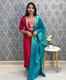 Cherry Red and Rama Green Color Premium 3 Piece Salwar Set / ESS352