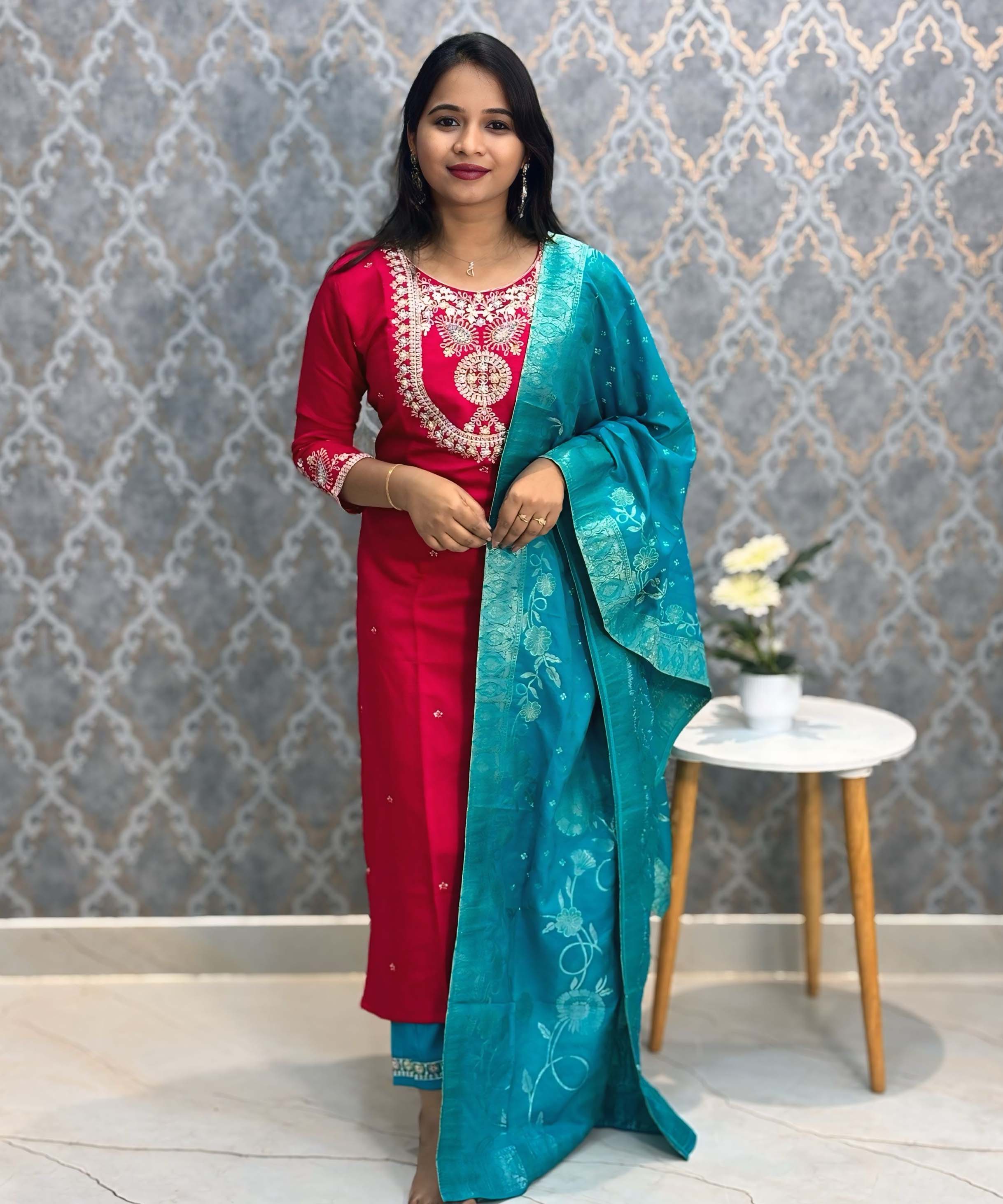 Cherry Red and Rama Green Color Premium 3 Piece Salwar Set / ESS352