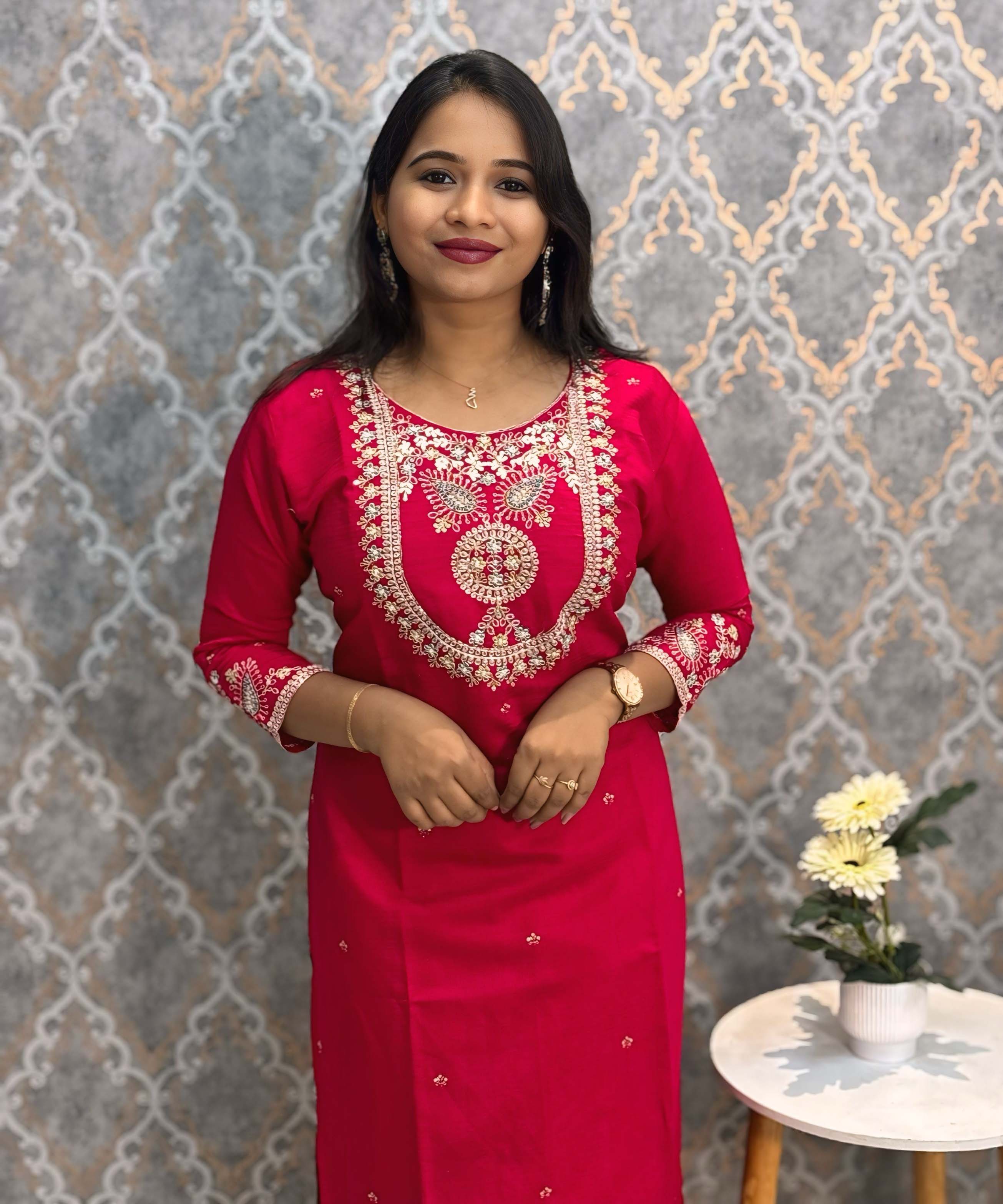 Cherry Red and Rama Green Color Premium 3 Piece Salwar Set / ESS352