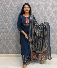 Blue with Red Color Cotton 3 Piece Salwar Set with Pocket / ESS411