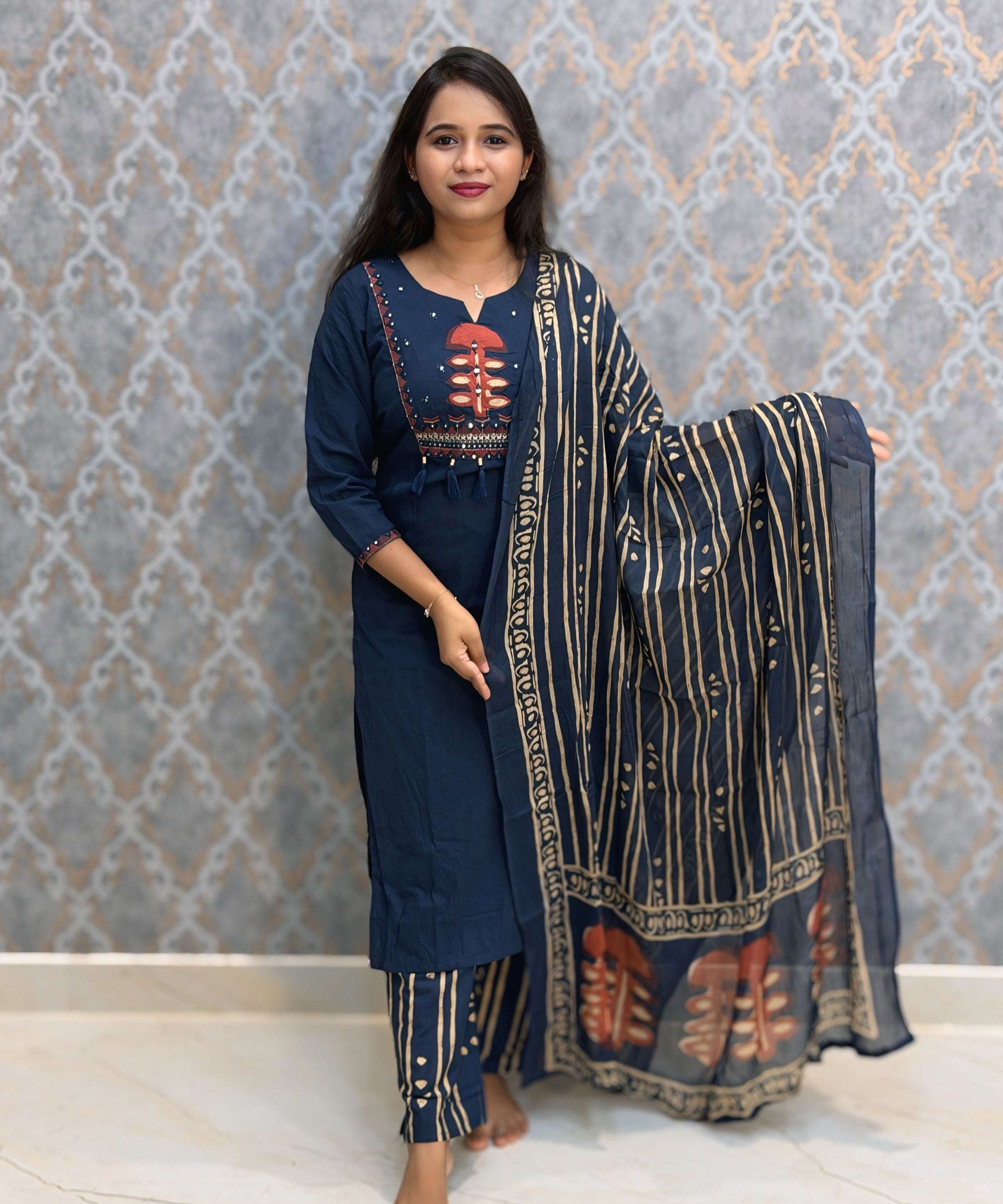 Blue with Red Color Cotton 3 Piece Salwar Set with Pocket / ESS411