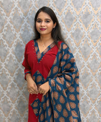 Brick Red and Blue Color Cotton 3 Piece Salwar Set / ESS411