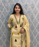Beige and Black Color Cotton 3 Piece Salwar Set with Pocket / ESS411