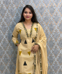 Beige and Black Color Cotton 3 Piece Salwar Set with Pocket / ESS411