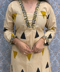Beige and Black Color Cotton 3 Piece Salwar Set with Pocket / ESS411