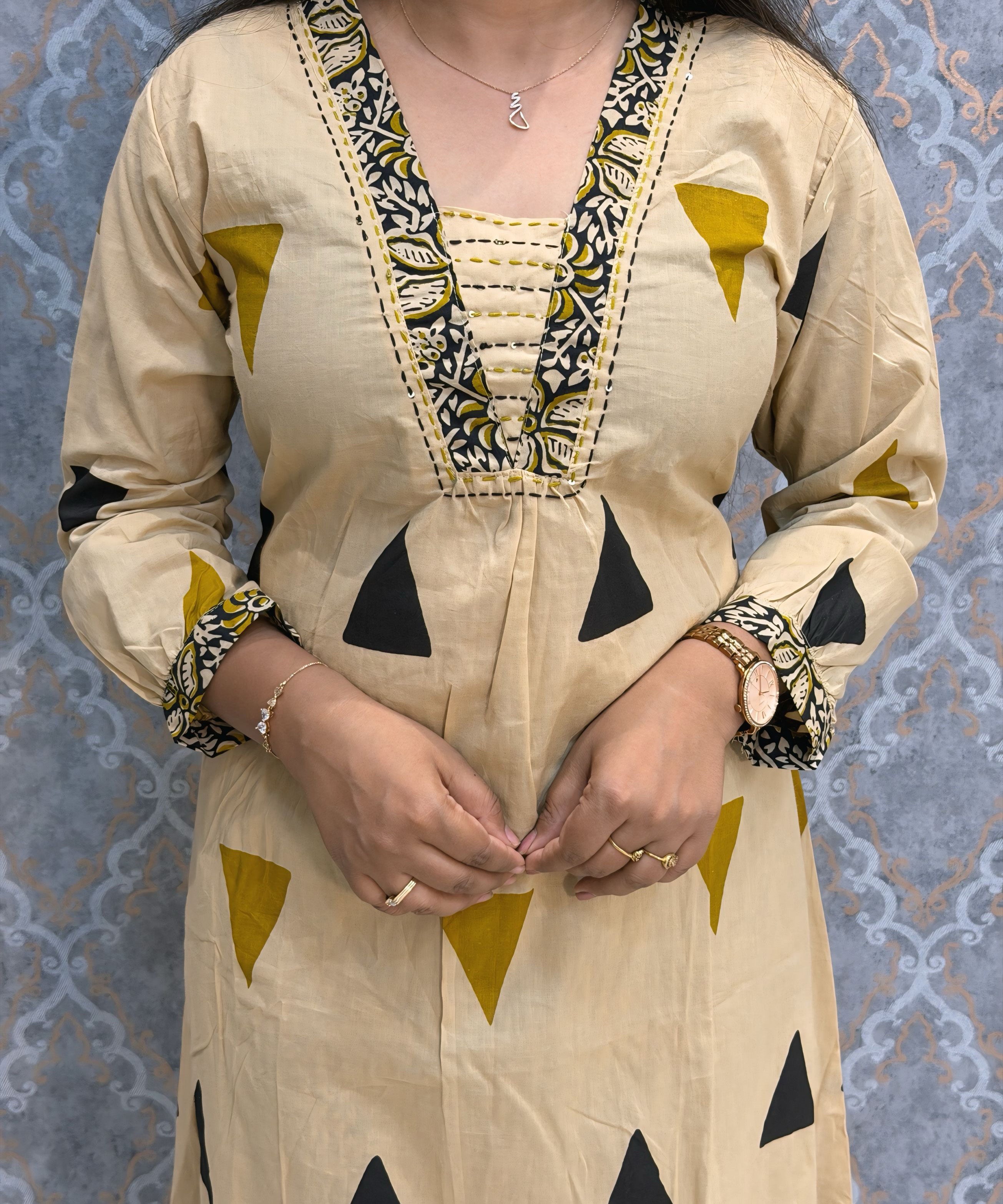 Beige and Black Color Cotton 3 Piece Salwar Set with Pocket / ESS411