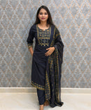 Dark Navy Blue Color Cotton 3 Piece Salwar Set with Pocket / ESS411