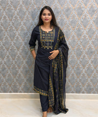 Dark Navy Blue Color Cotton 3 Piece Salwar Set with Pocket / ESS411
