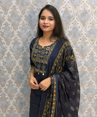 Dark Navy Blue Color Cotton 3 Piece Salwar Set with Pocket / ESS411