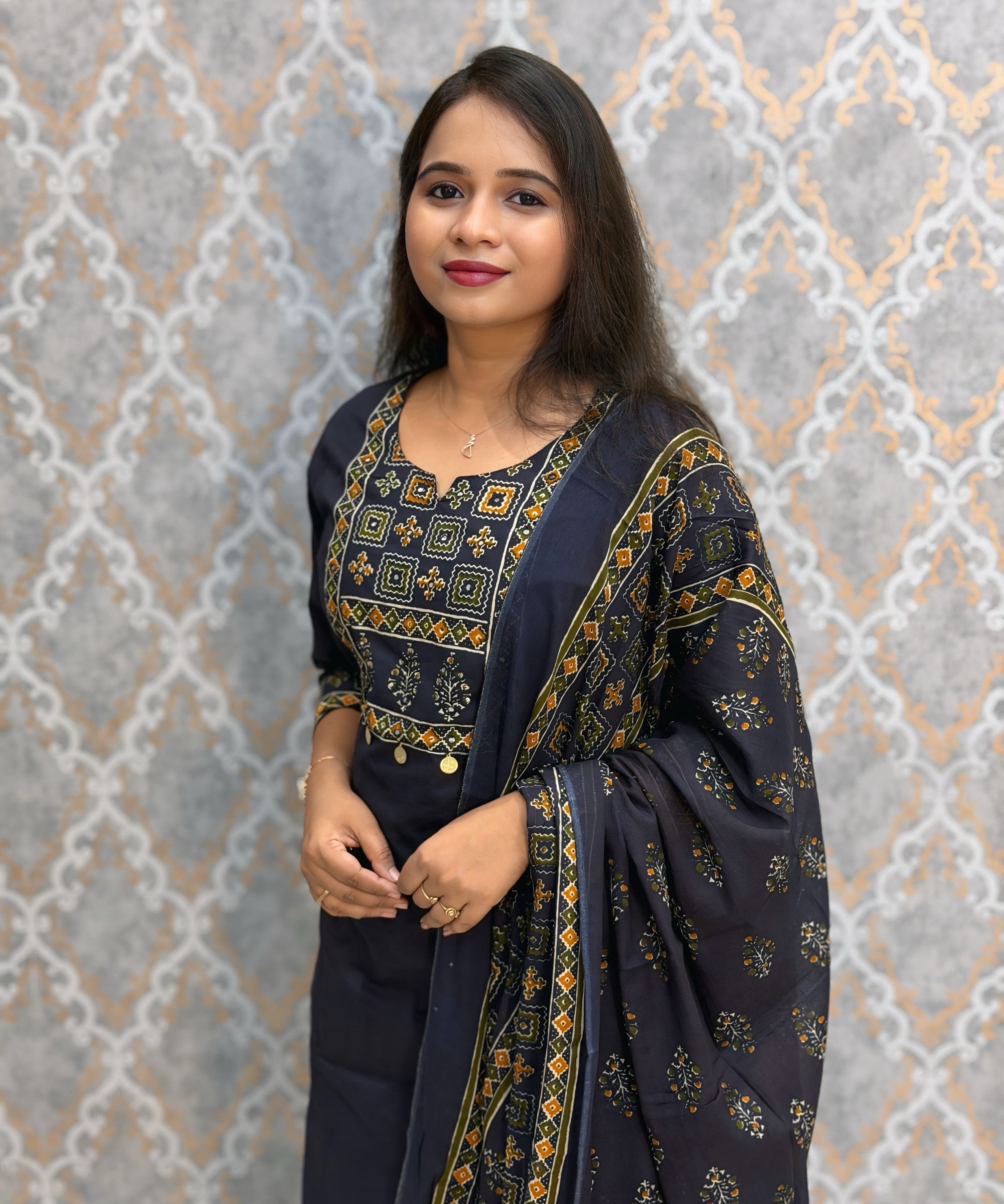 Dark Navy Blue Color Cotton 3 Piece Salwar Set with Pocket / ESS411