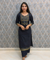 Dark Navy Blue Color Cotton 3 Piece Salwar Set with Pocket / ESS411