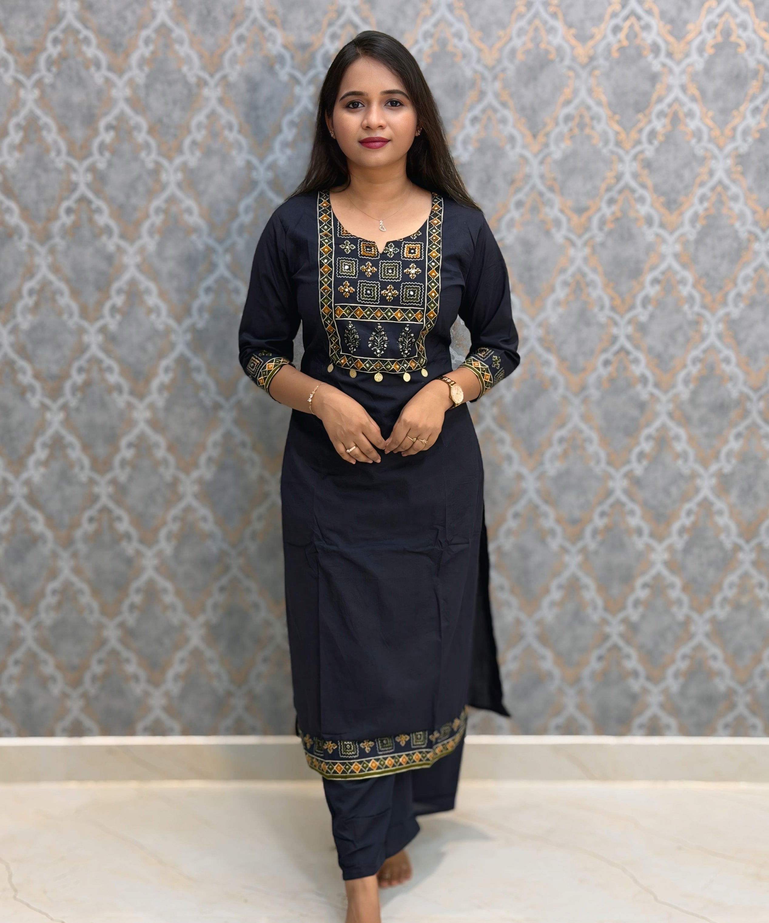 Dark Navy Blue Color Cotton 3 Piece Salwar Set with Pocket / ESS411
