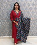Brick Red and Blue Color Cotton 3 Piece Salwar Set / ESS411