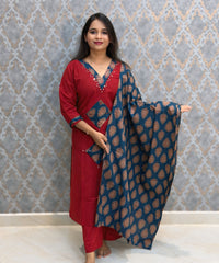 Brick Red and Blue Color Cotton 3 Piece Salwar Set / ESS411