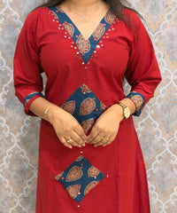 Brick Red and Blue Color Cotton 3 Piece Salwar Set / ESS411