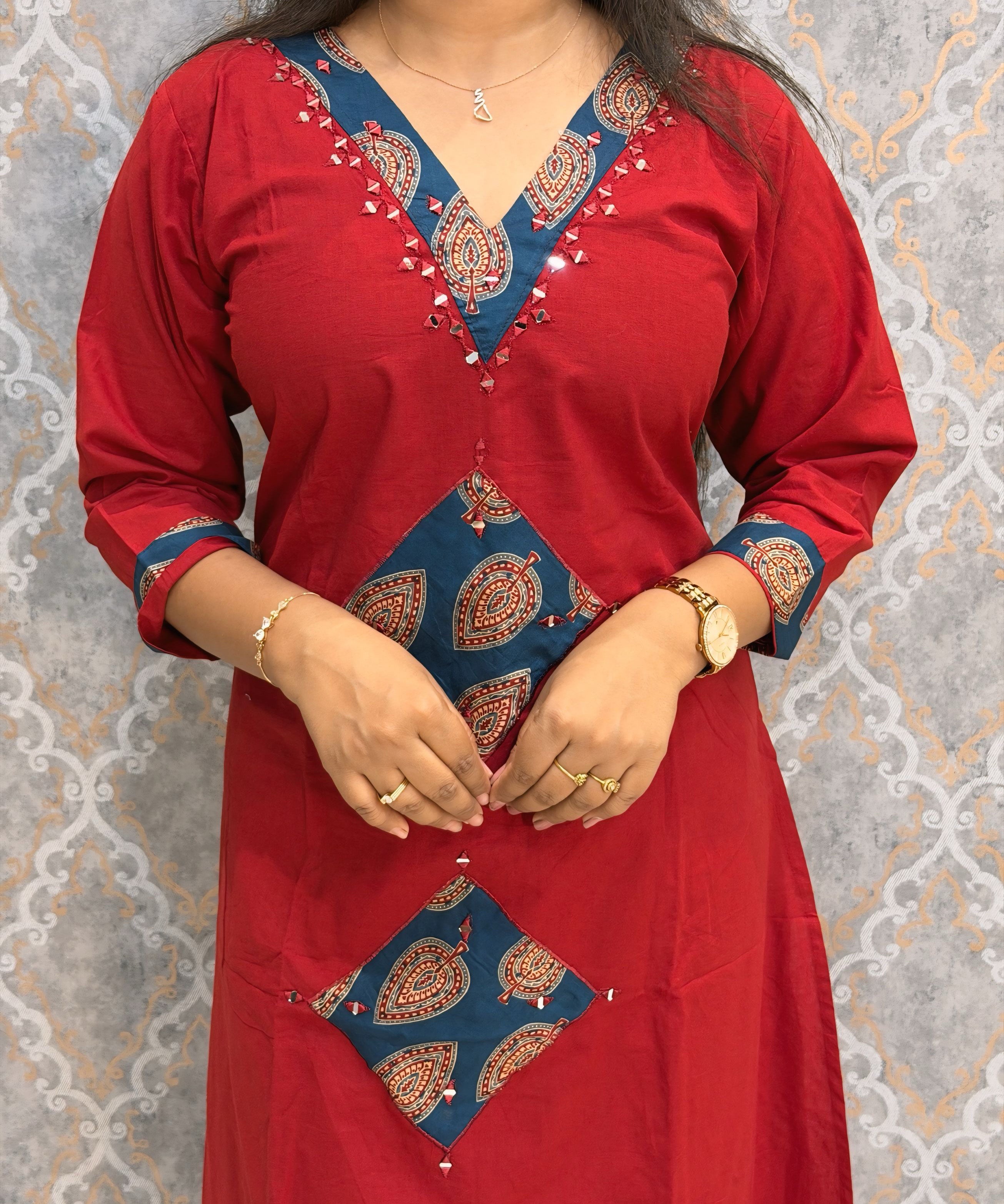 Brick Red and Blue Color Cotton 3 Piece Salwar Set / ESS411
