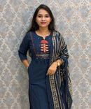 Blue with Red Color Cotton 3 Piece Salwar Set with Pocket / ESS411