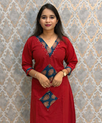 Brick Red and Blue Color Cotton 3 Piece Salwar Set / ESS411