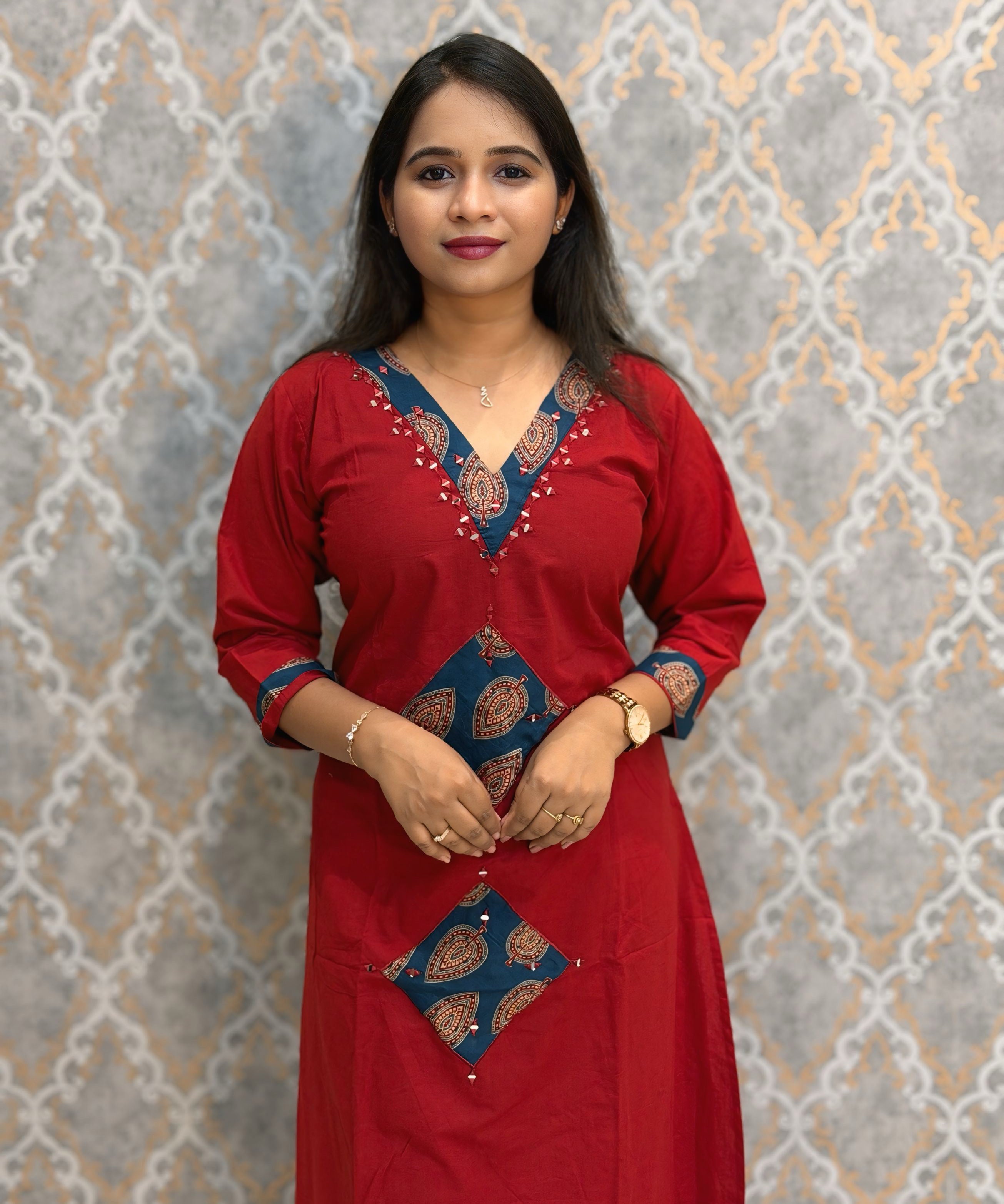 Brick Red and Blue Color Cotton 3 Piece Salwar Set / ESS411