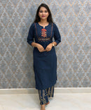 Blue with Red Color Cotton 3 Piece Salwar Set with Pocket / ESS411