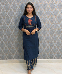 Blue with Red Color Cotton 3 Piece Salwar Set with Pocket / ESS411
